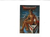 a painting of a woman sitting in a boat on the beach