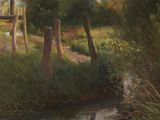 a painting of a small stream running through a field