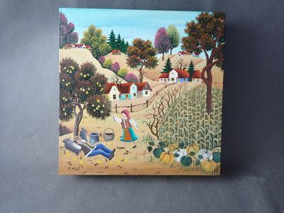 une peinture à l'huile représentant une scène de vie à la ferme, avec une femme s'occupant de ses cultures