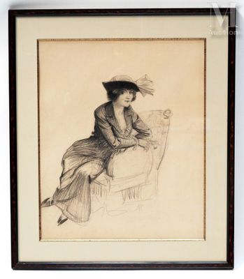 dessin représentant une femme coiffée d'un chapeau, assise sur une chaise