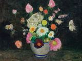 une peinture de fleurs dans un vase sur une table