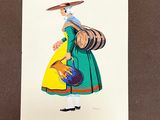 a drawing of a woman in a green dress and a hat