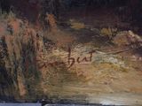 an oil painting of a landscape with a river and trees