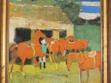 painting of a group of horses in a field with a barn in the background