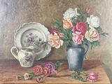 a painting of flowers in a vase and a plate on a table