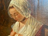 painting of a woman sitting in a chair sewing a piece of cloth