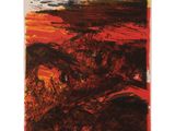 an abstract painting of a red and black landscape with trees
