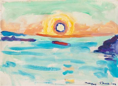 tableau représentant un coucher de soleil sur l'océan, avec un bateau au premier plan