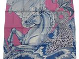 an image of a blue and white horse on a pink background