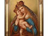 a painting of a woman holding a baby wearing a crown