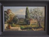 an oil painting of a landscape with trees and a building in the background