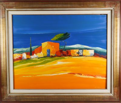 a painting of an orange house on a hill with a blue sky in the background