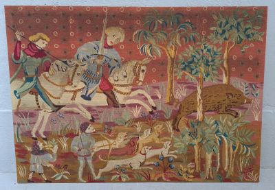 painting of a man riding on a horse with animals in the background
