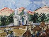 painting of a group of camels sitting in front of a white building