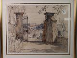 une image représentant une aquarelle d'un portail dans un mur de pierre