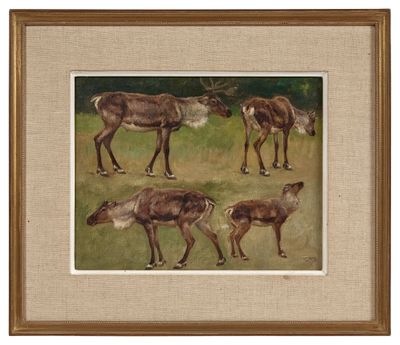 tableau représentant un troupeau de cerfs debout au milieu d'un champ recouvert d'herbe