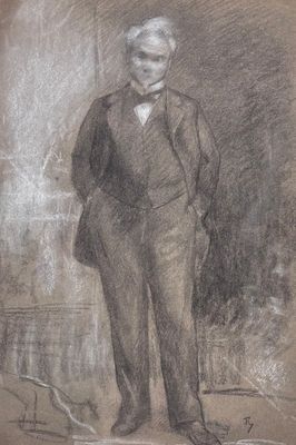un vieux dessin représentant un homme en costume et nœud papillon