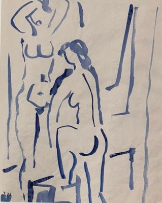 drawing of a man and a woman standing in front of a mirror