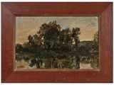 an oil painting of a river scene with trees in the foreground
