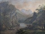 painting of a mountain landscape with a river in the foreground and a boat in the foreground