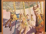 une image représentant un tableau d'un manège avec des chevaux et un chat