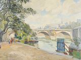 a painting of a bridge over a river next to a building