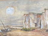 a painting of a boat in the water near a cliff