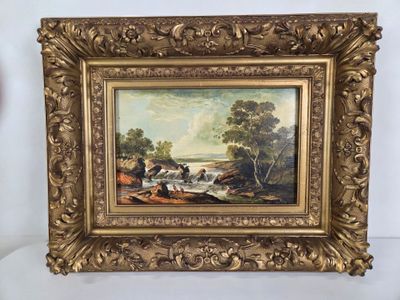 une peinture à l'huile représentant une scène fluviale avec un homme et un chien au bord d'un ruisseau