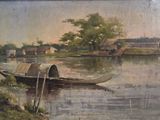 a painting of a boat on the water with a village in the background