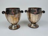 two silver vases with handles and handles on a white surface