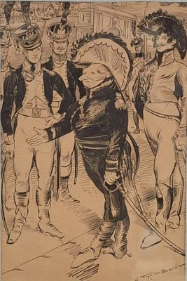 drawing of a group of men standing around each other on a street