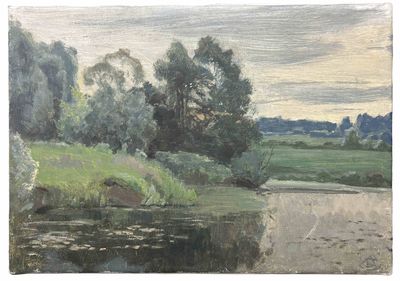 l'image d'une peinture représentant une rivière avec des arbres en arrière-plan