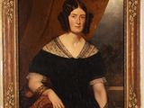 a painting of a woman in a black dress sitting in front of a window