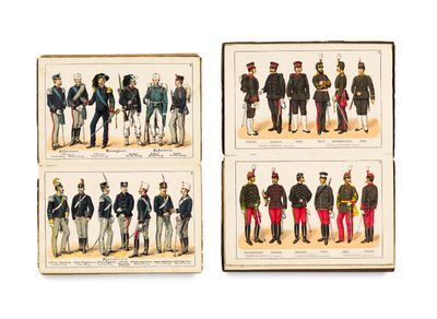 four different types of military uniforms are shown on a white background