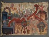 une photo d'un tableau accroché au mur d'un bâtiment en ville