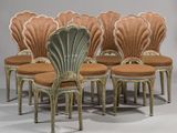set of six art deco dining chairs with orange upholstered upholstered cushions