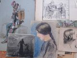 many pictures of a woman sitting on a chair