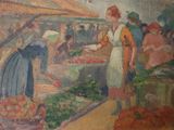 a painting of a woman selling vegetables at a market