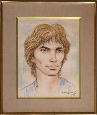 portrait d'un jeune homme aux cheveux longs et aux yeux bleus, dans un cadre doré