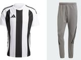 a white and black soccer jersey and pants