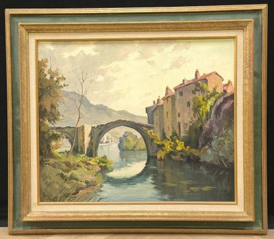 une peinture à l'huile représentant un pont sur une rivière avec un bâtiment à l'arrière-plan