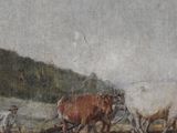 a painting of a man plowing a field with two oxen