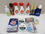 many different cleaning products on the counter ready to be used