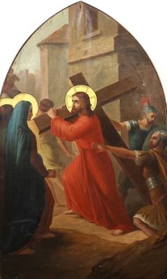 tableau représentant Jésus portant la croix jusqu'à la maison de Jésus