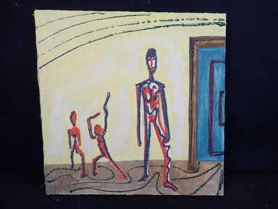 une photo d'un tableau représentant un homme et deux enfants