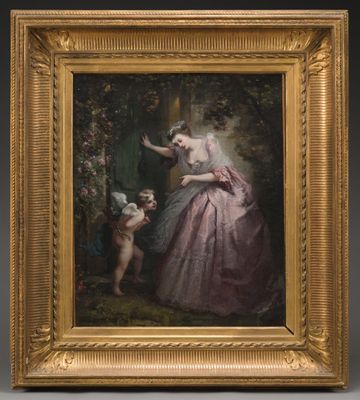 a painting of a woman in a pink dress with a child