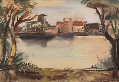 une image représentant un tableau où l'on voit une rivière avec un village en arrière-plan