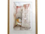 framed watercolor painting of a doorway in a building with a clock on the wall