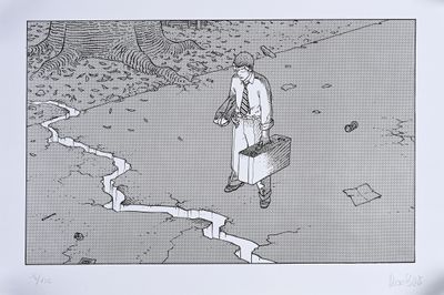 a drawing of a man with a suitcase walking down a street
