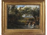 an oil painting of a group of people in a river
